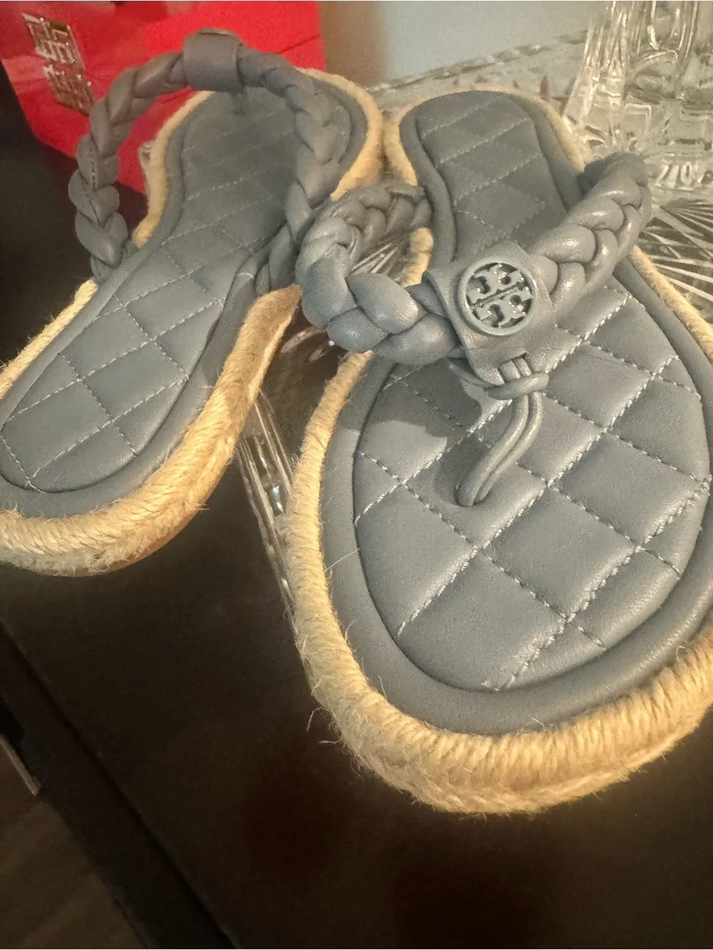 Tory Burch Gray Braided Leather Espadrille Flip Flops